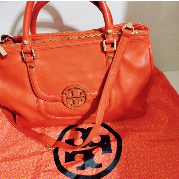 Tory Burch Amanda Orange Leather Logo Satchel Shoulder Bag –With Matching Mirror - Picture 3 of 14
